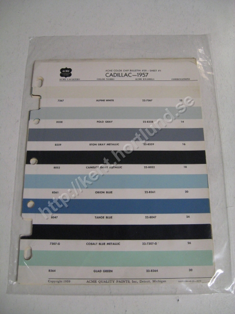 1957 Cadillac Acme color chip bulletin