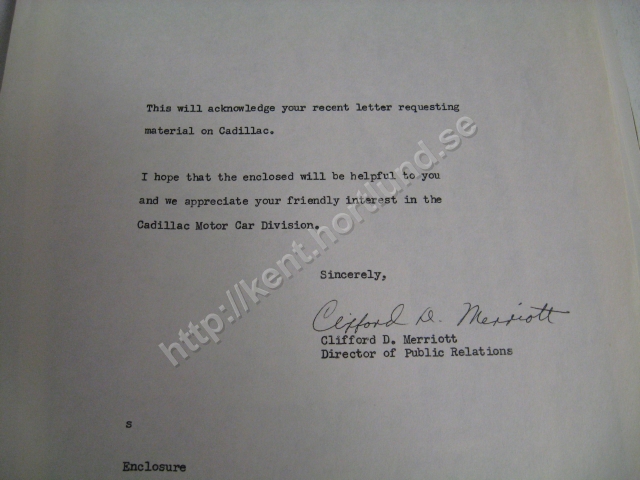 1958  Cadillac requested material with photographs and data about cadillac's