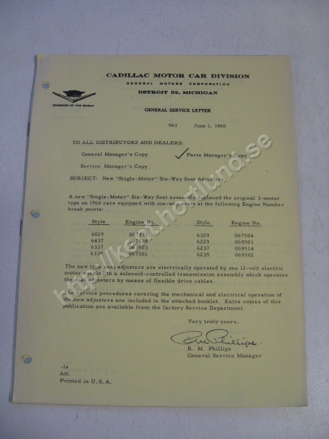 1960 Cadillac General Service Letter