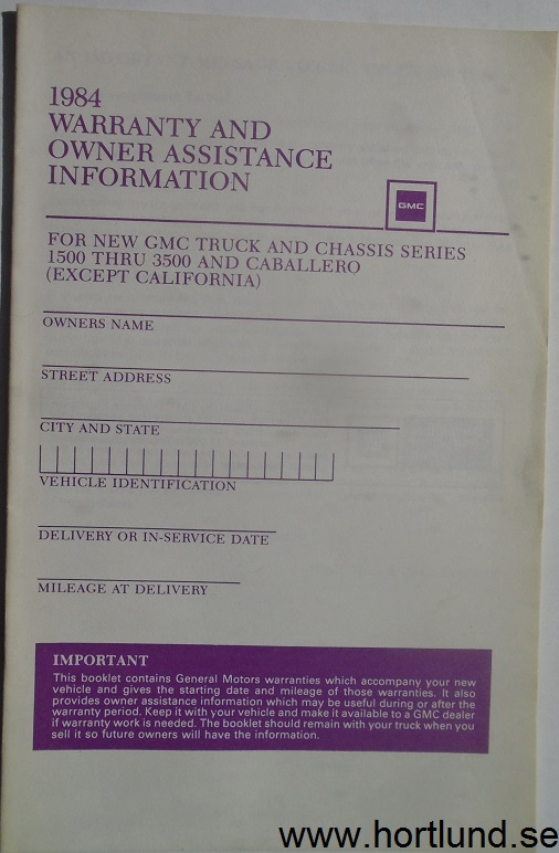 1984 GMC 1500-3500 and Caballero Truck Warranty and Owner Assistance Information