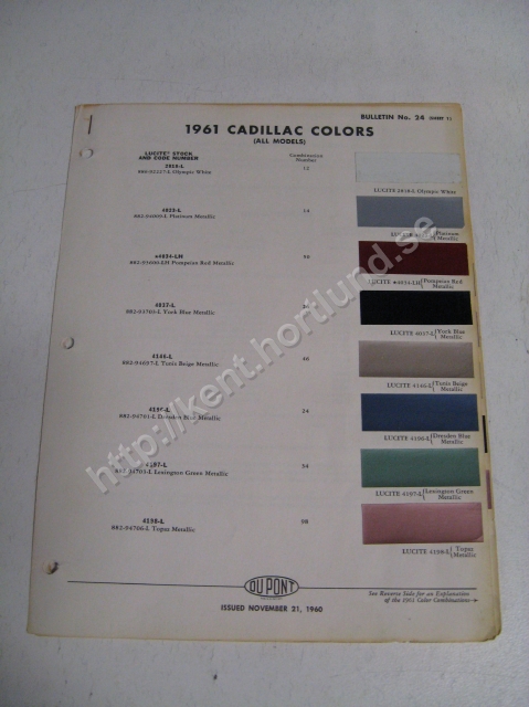 1961 Cadillac Exteriors colors Du Pont