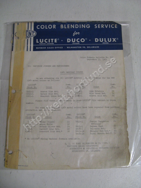 1964 Cadillac DuPont Color formula bulletin no 432