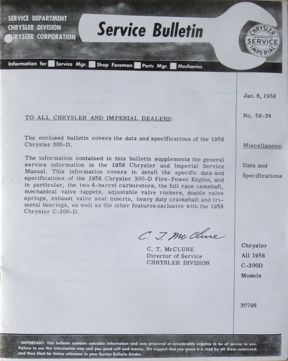 1958 Chrysler 300-D Service Manual