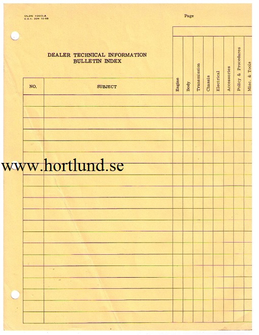 1959 Oldsmobile Indexblad Dealer Technical Information Bulletin