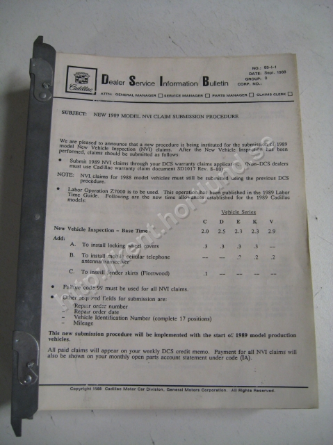 1989 Cadillac Dealer service information bulletins