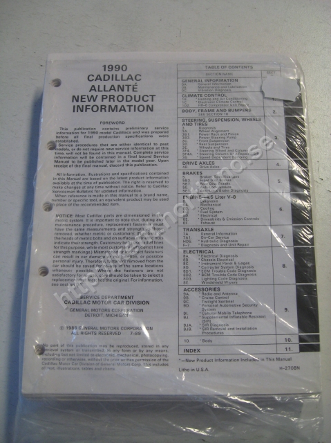 1990 Cadillac Allante new product information manual