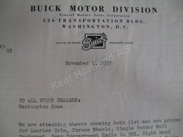 1938 Buick Misc letter price list