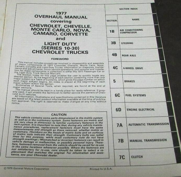 1977 Chevrolet Unit Repair Manual Overhaul Passanger Cars & Light Duty Trucks - 2