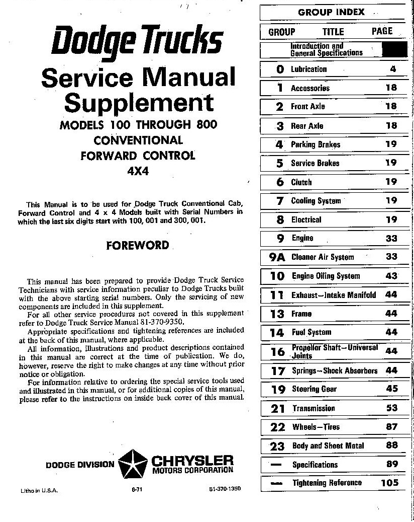 1971 Dodge Trucks Models 100-800 Service Manual - 2