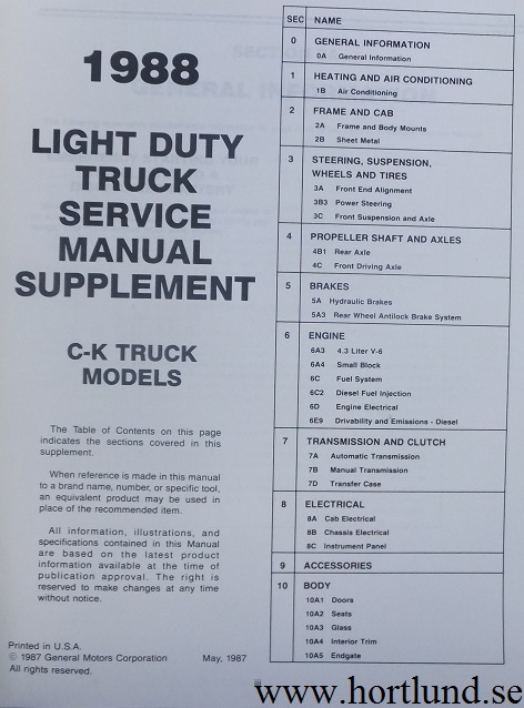 1988 Chevrolet Truck C-K Pickup Service manual Supplement - 2