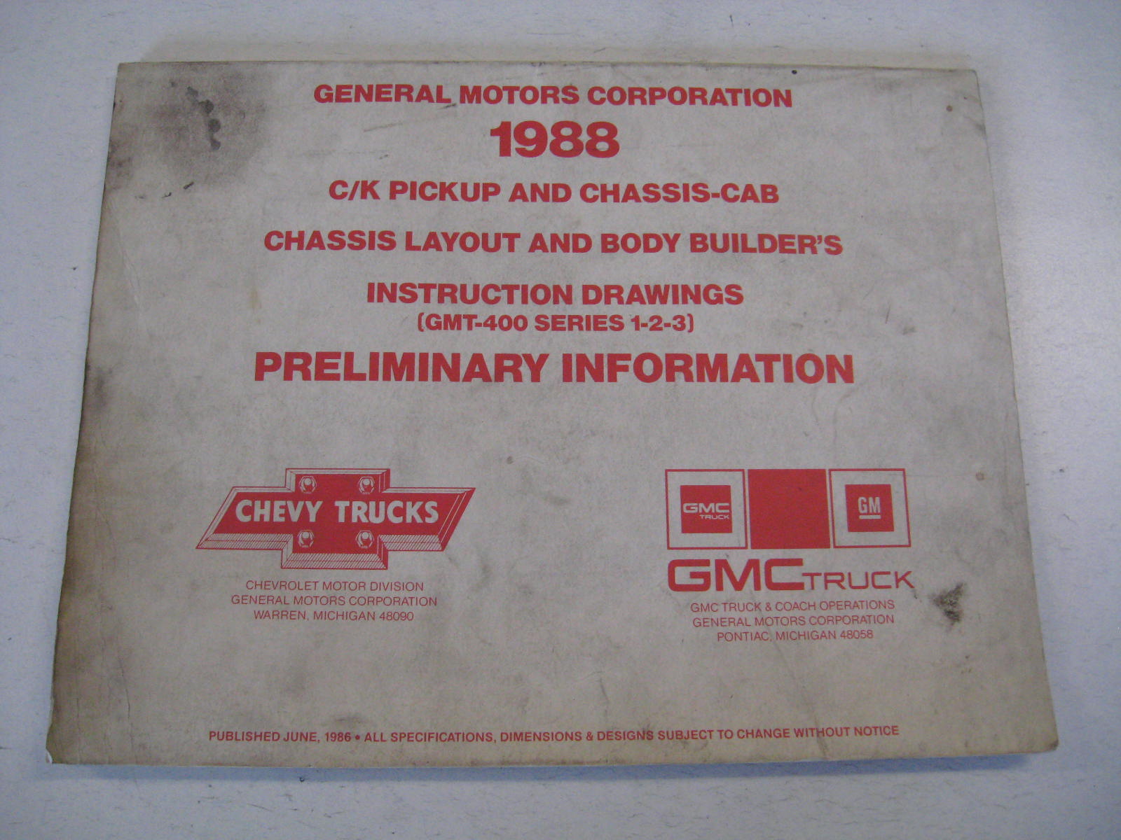 1988 Chevrolet General Motors C/K Pickup and Chassis Cab CHassis Layout and Body Builders INstruction Drawings