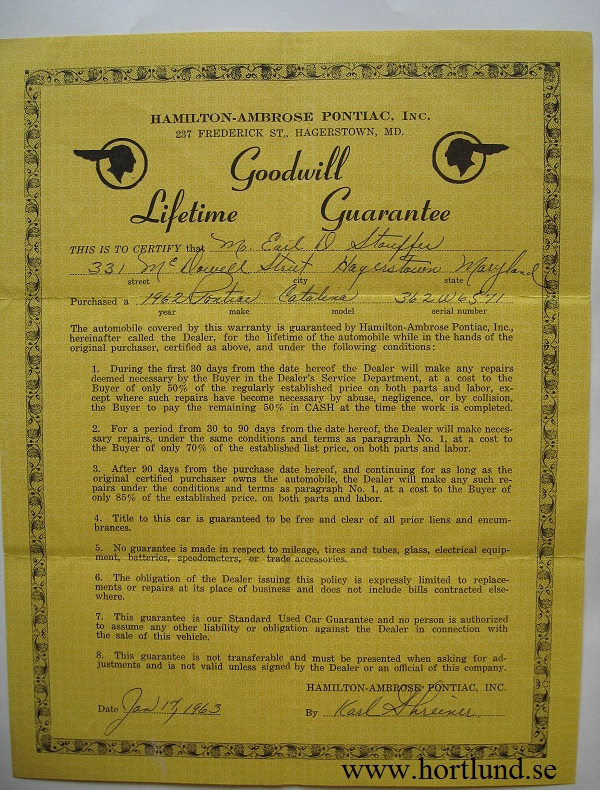 1962 Pontiac Goodwill Lifetime Guarantee