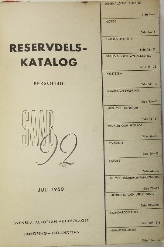 1950 SAAB 92 Reservdelskatalog - 2