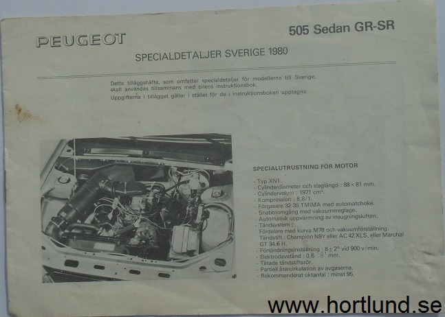 1980 Peugeot 505 Sedan GR-SR Specialdetaljer Instruktionsbok