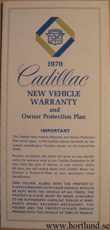 1970 Cadillac New Vehicle Warranty and Owner Protection Plan
