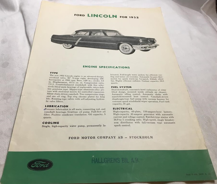 1952 Lincoln broschyr svensk