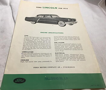 1952 Lincoln broschyr svensk