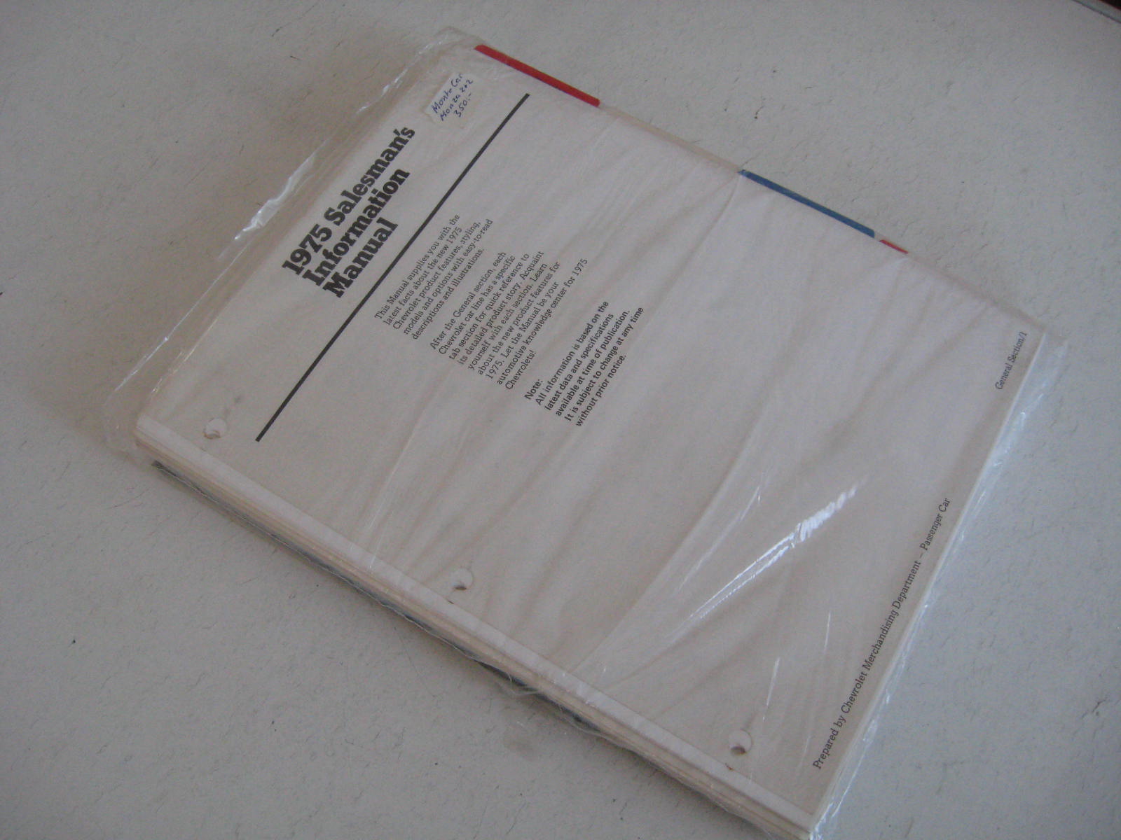 1975 Chevrolet Salesmans Information Manual Monte Carlo Monza 2 + 2