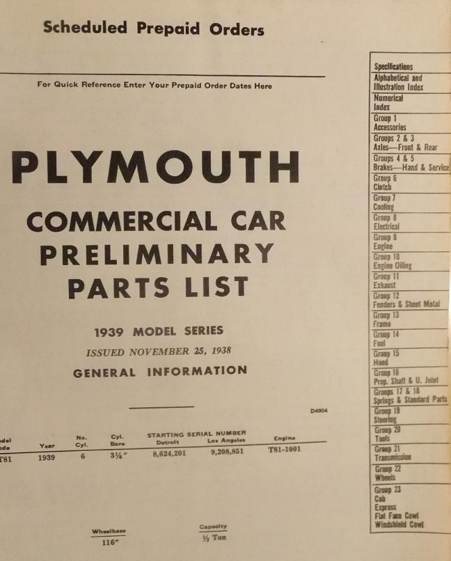 1939 Plymouth Comercial Car Preliminary Parts List - 2