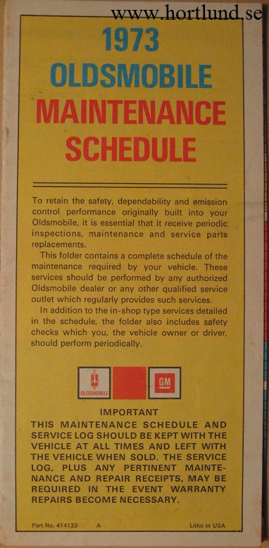 1973 Oldsmobile Maintenance Schedule alla modeller