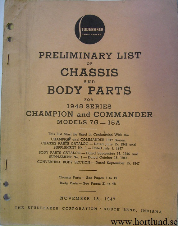1948 Studebaker Champion and Commander Preliminary List of Chassis and Body Parts 