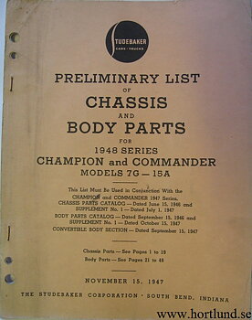 1948 Studebaker Champion and Commander Preliminary List of Chassis and Body Parts 