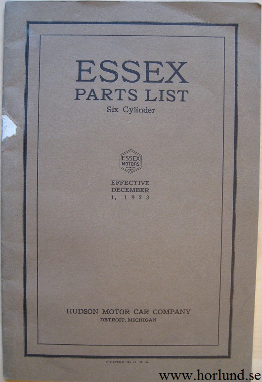 1923 Essex Parts List Six Cylinder
