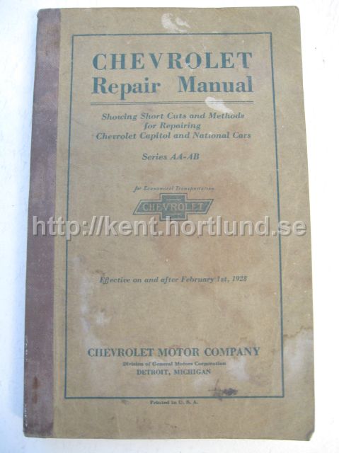 1928 Chevrolet Repair Manual Capitol and National Cars Series AA-AB