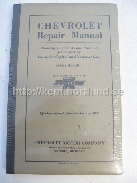 1928 Chevrolet Repair Manual Capitol and National Cars Series AA-AB