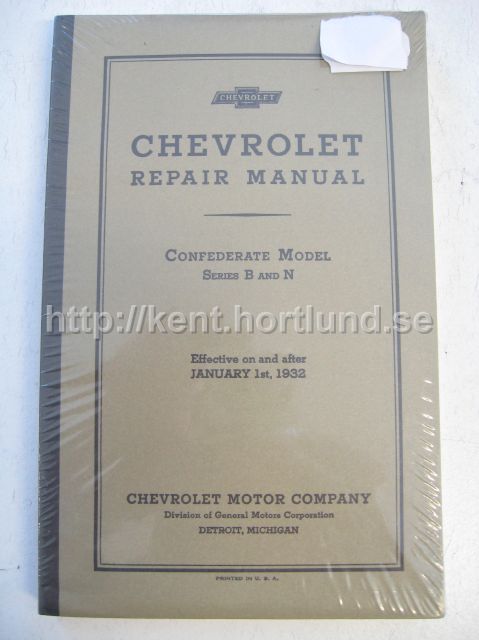 1932 Chevrolet Repair Manual Confederate Model Series B and N