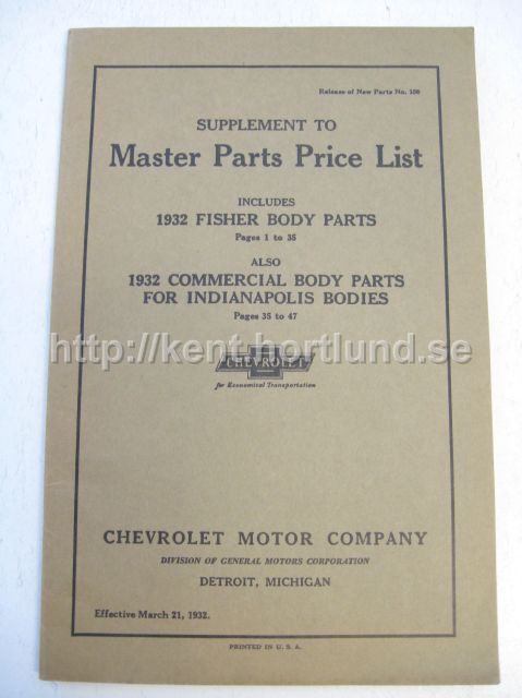 1932 Chevrolet Supplement to Master Parts Price List