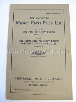 1932 Chevrolet Supplement to Master Parts Price List