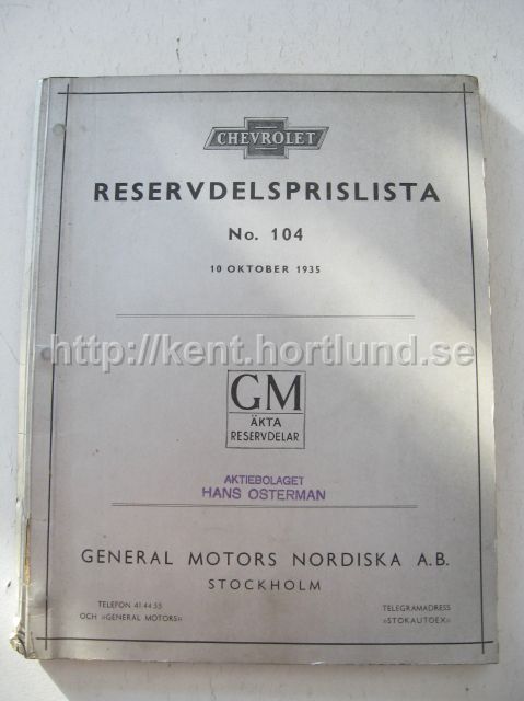 1935 Chevrolet Reservdelsprislista NO 104 på Svenska