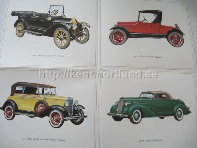 1937 Chevrolet Reklamtryck med bilder på bilar från 1912, 1921, 1931 och 1937