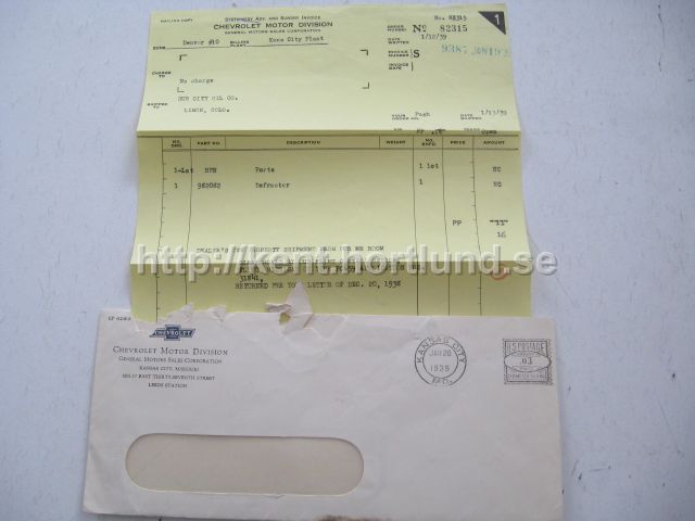 1939 Chevrolet brev angående defroster inkl original kuvert