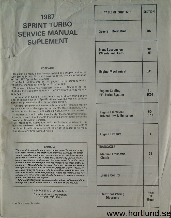 1987 Chevrolet Sprint Turbo Service Manual Supplement