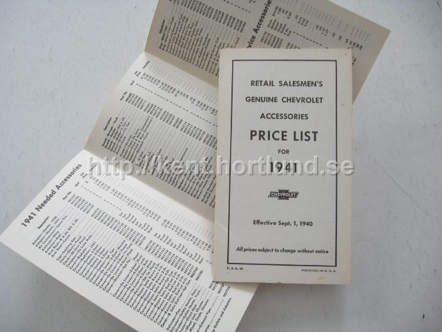 1941 Chevrolet Retail Salesmen's Genuine Chevrolet Accessories Price List