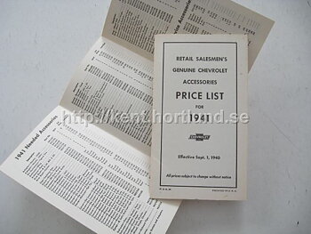 1941 Chevrolet Retail Salesmen's Genuine Chevrolet Accessories Price List