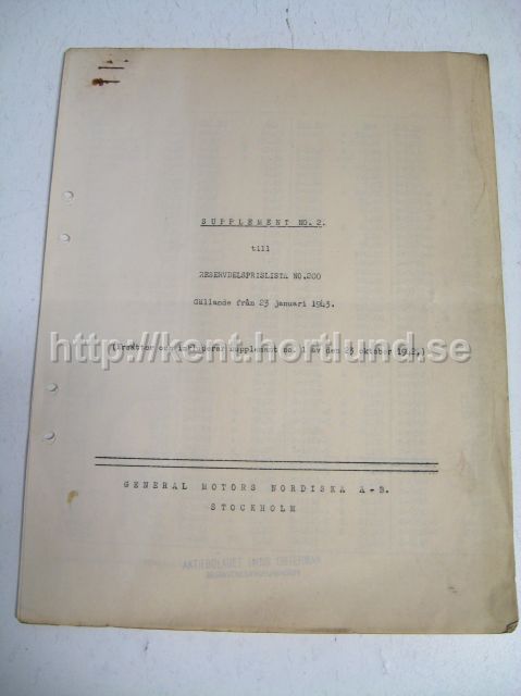1946 Chevrolet Supplement NO.2 till reservdelsprislista no.200 gällande från 23 januari 1943, på svenska