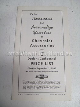 1946 Chevrolet Accessories Dealer Price List