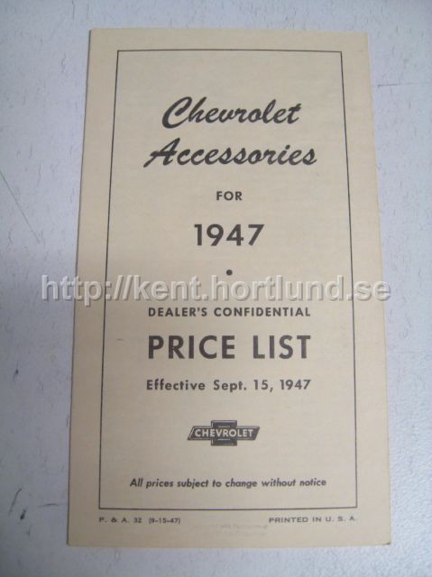 1947 Chevrolet Accessories Dealer Price List