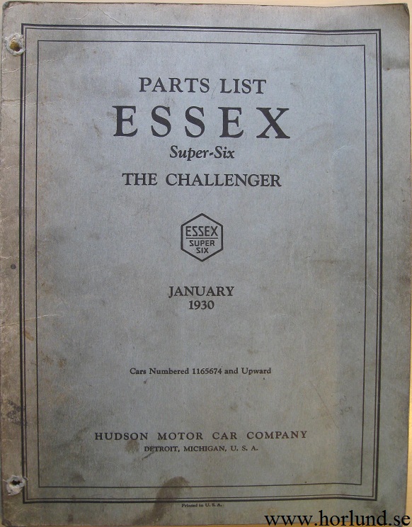 1930 Essex Super-Six The Challenger Parts List 