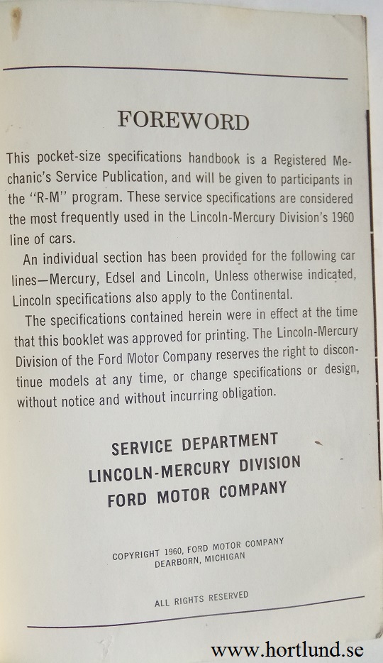 1960 Mercury Edsel Lincoln Service Specifications Handbook - 2