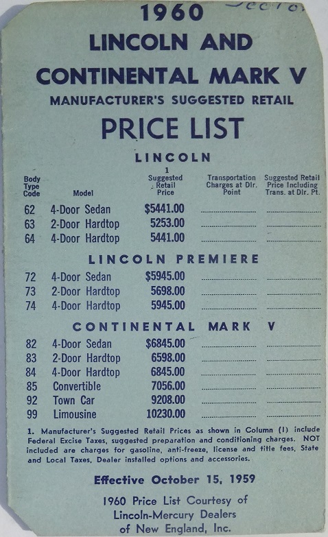 1960 Lincoln Manufacturer's Suggested Retail Price List