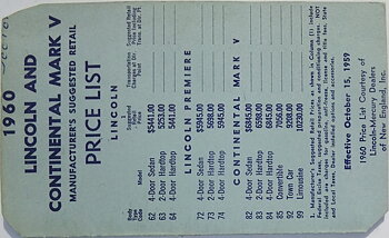 1960 Lincoln Manufacturer's Suggested Retail Price List