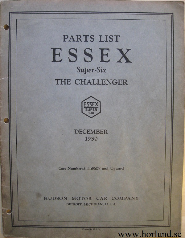 1930 - 1931 Essex Super-Six The Challenger Parts List 