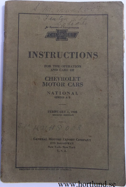 1928 Chevrolet Instructions National Serie AB