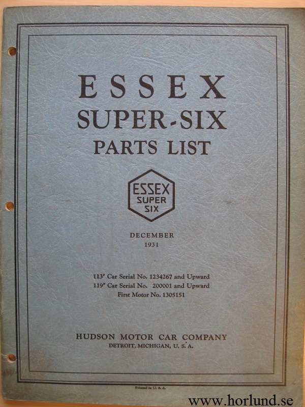 1931 Essex Super-Six Body Parts List 