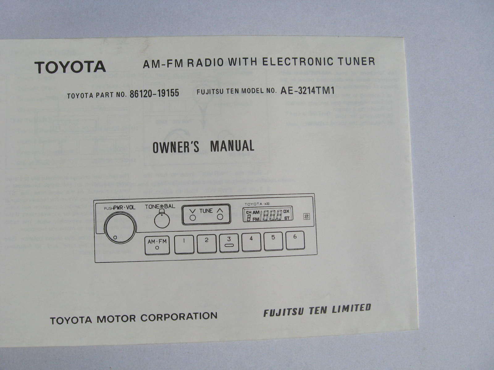 1988 Toyota Radio Owner's Manual