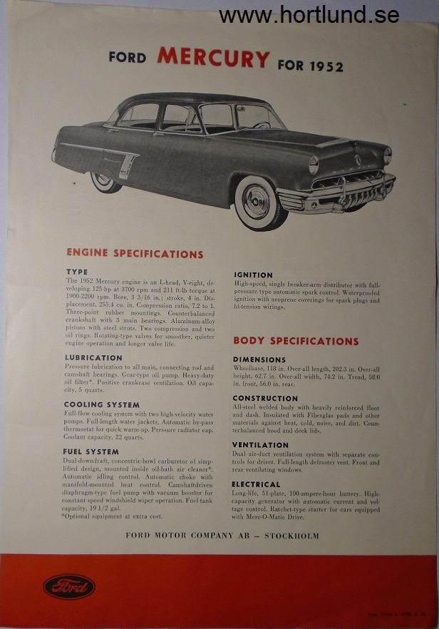 1952 Mercury broschyr, Svensk